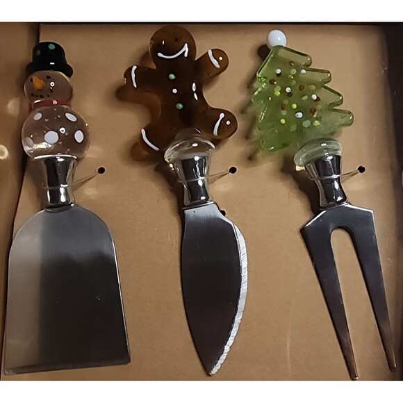 NEW Dennis East CHRISTMAS BlownGlassHandle CHEESE/HORS D'OUVRES 3pc Utensils NiB - Picture 2 of 9
